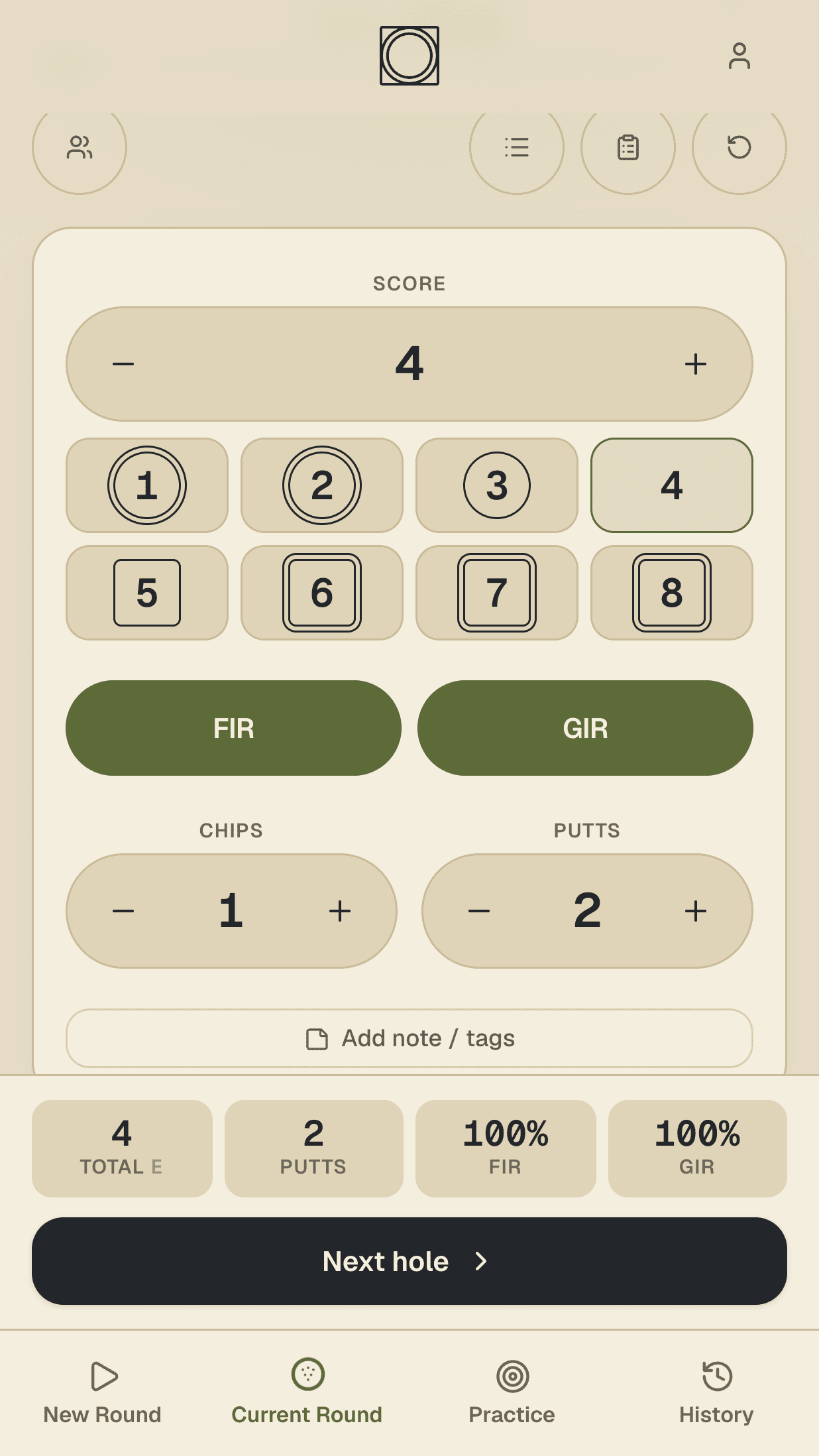 One-tap scoring in SimplerScores — score, putts, FIR and GIR for the hole you're playing